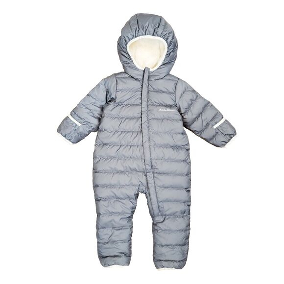Eddie Bauer Infant Down Insulated Puffer Snowsuit Sherpa Lined 18M Gray Hooded - Picture 1 of 16